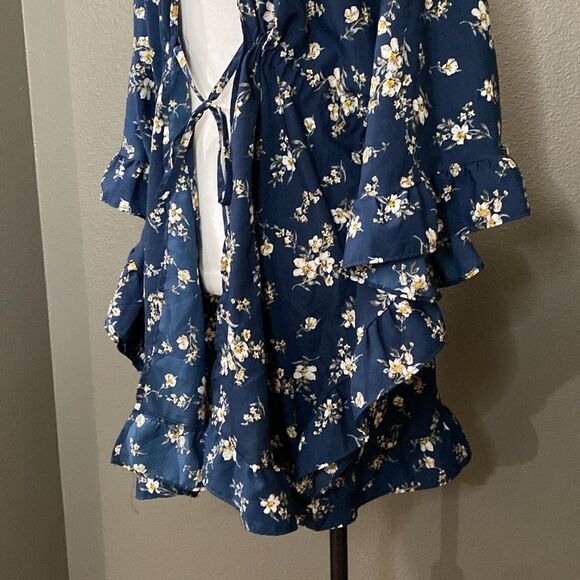 Navy Blue Floral Print Ruffled Edge Kimono Tie Front NWOT - Picture 4 of 9